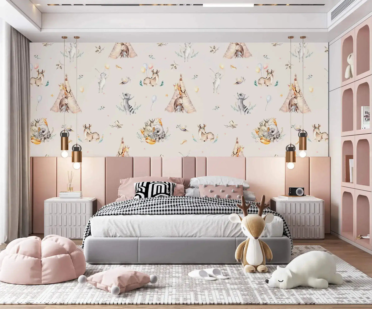 Cream kids wallpaper with woodland animals and teepees in pink child bedroom with grey bed and deer plush