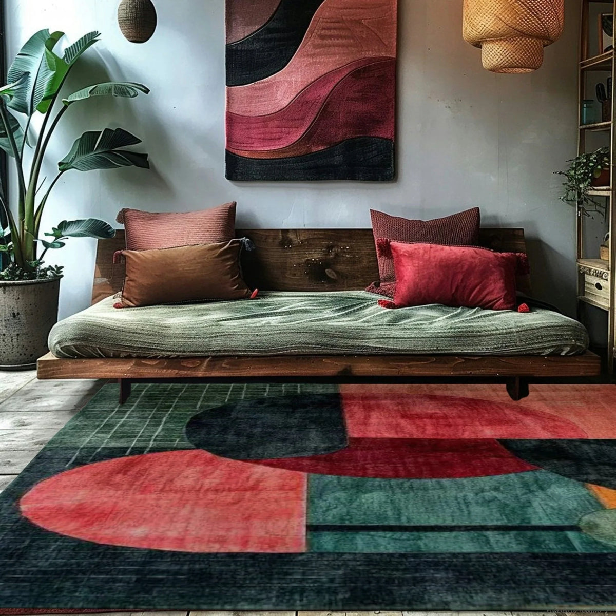 Creative Chaos abstract rug under wooden daybed beside a tall potted plant