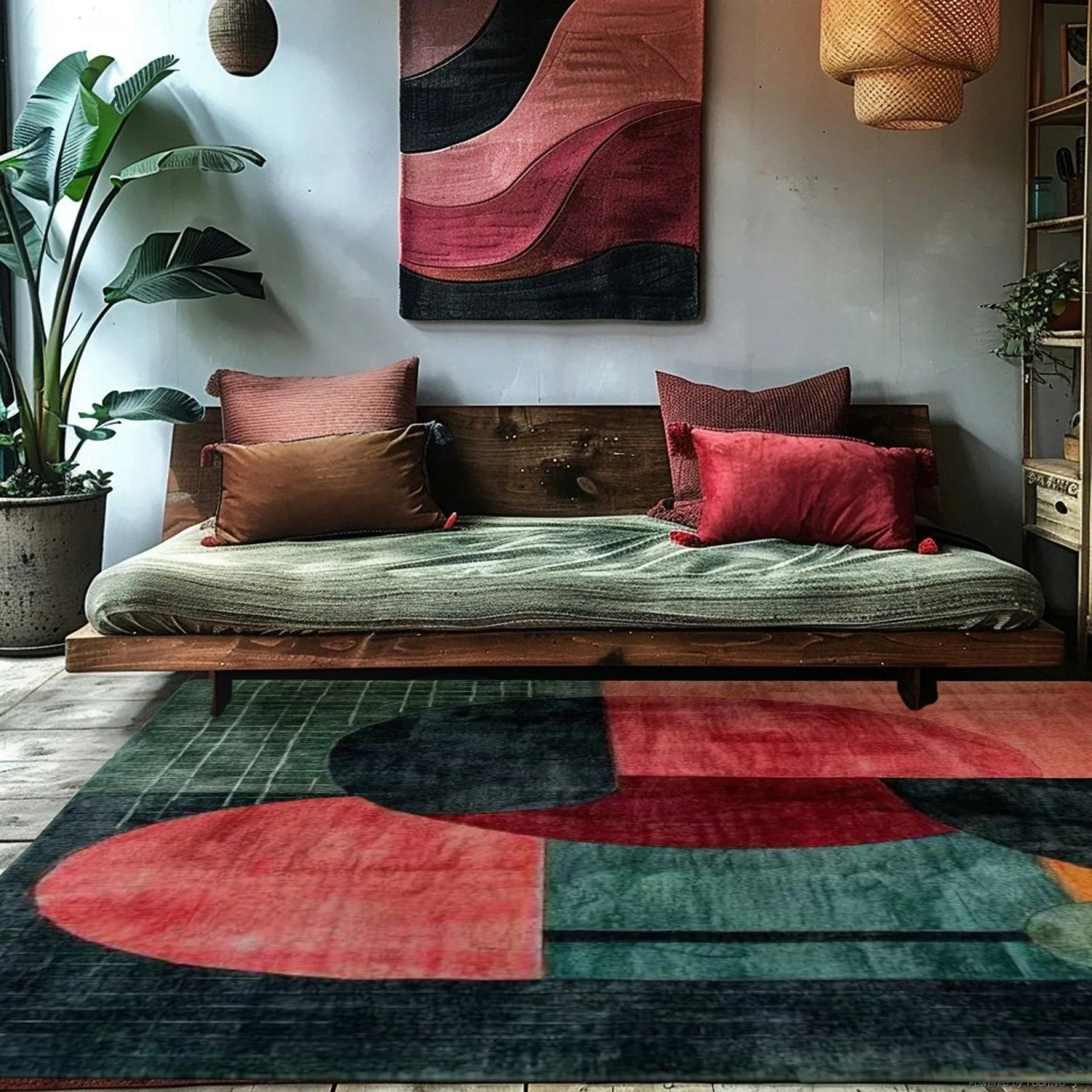 Creative Chaos abstract rug under wooden daybed beside a tall potted plant
