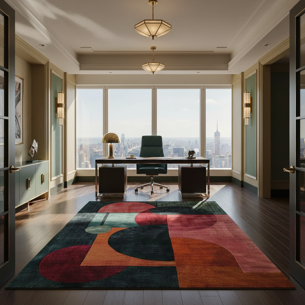 Modern office with a colorful geometric rug, desk, and cityscape view.