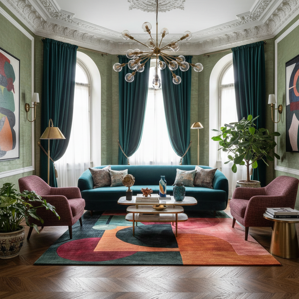 Luxurious living room with teal sofa, colorful rug, and decorative elements.