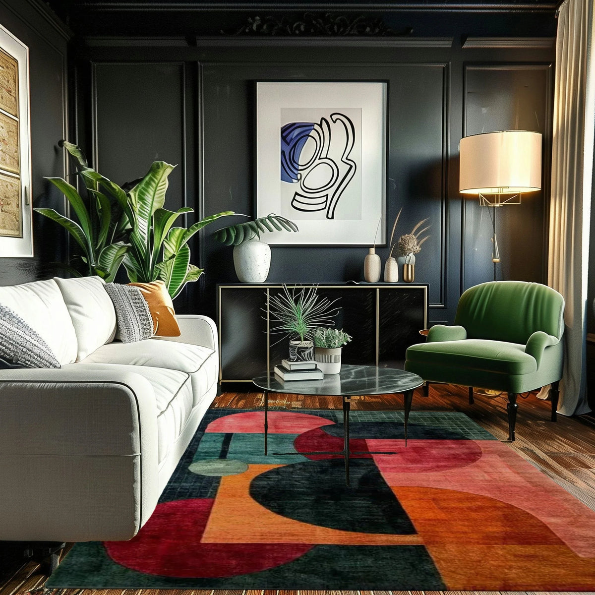 Creative Chaos rug under glass table with white sofa and green velvet chair