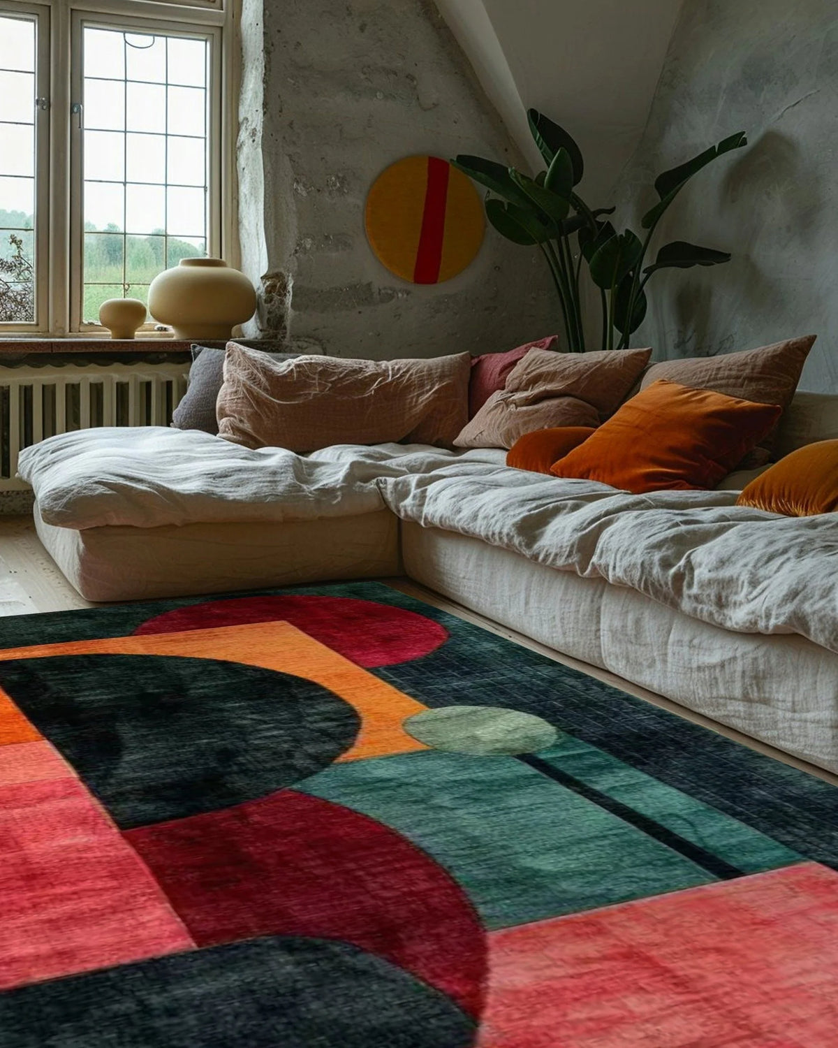 Creative Chaos rug with red, teal and orange shapes in cozy room with low daybed