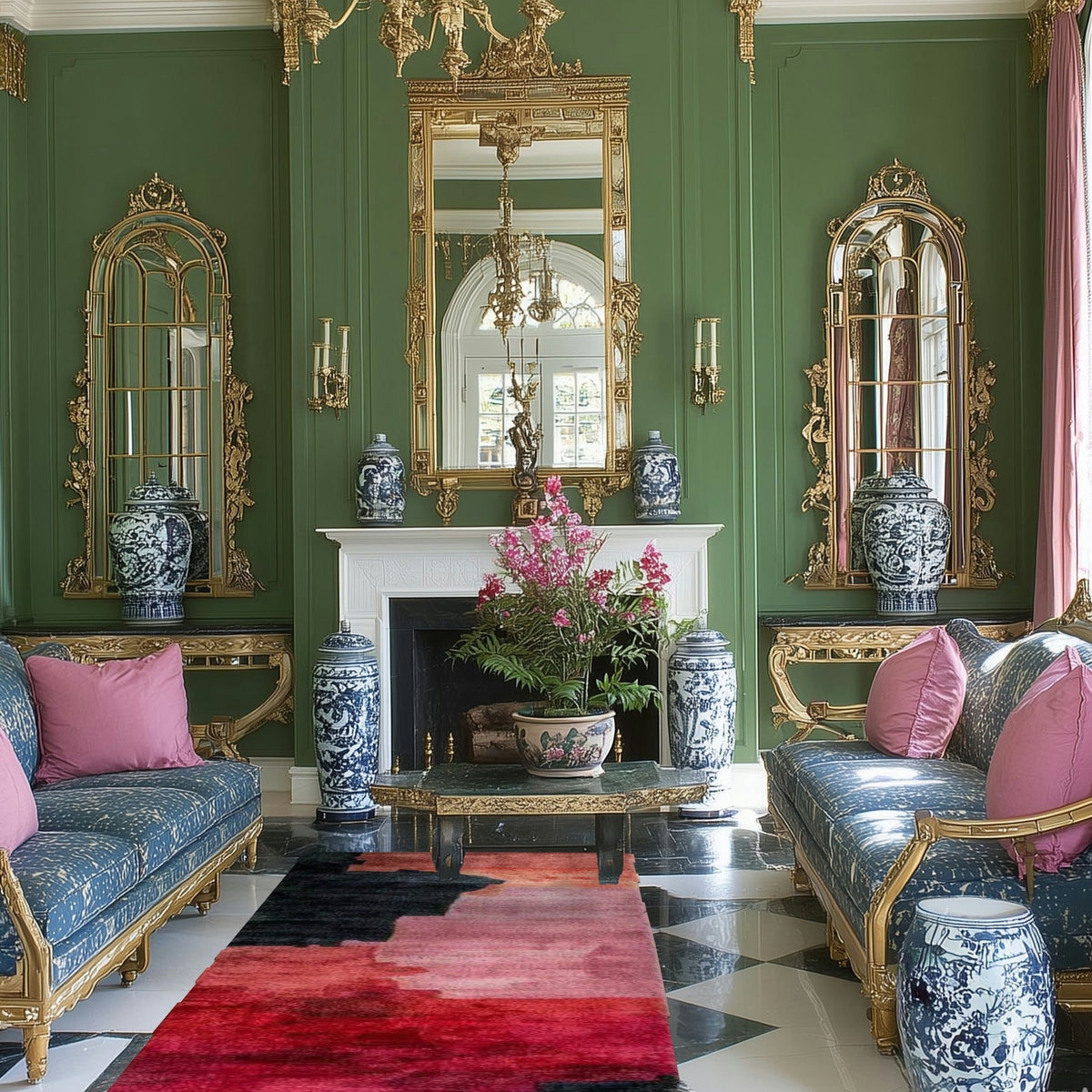 Crimson and black abstract wool runner on a checkered floor in a grand green salon with gilt mirrors and blue sofas