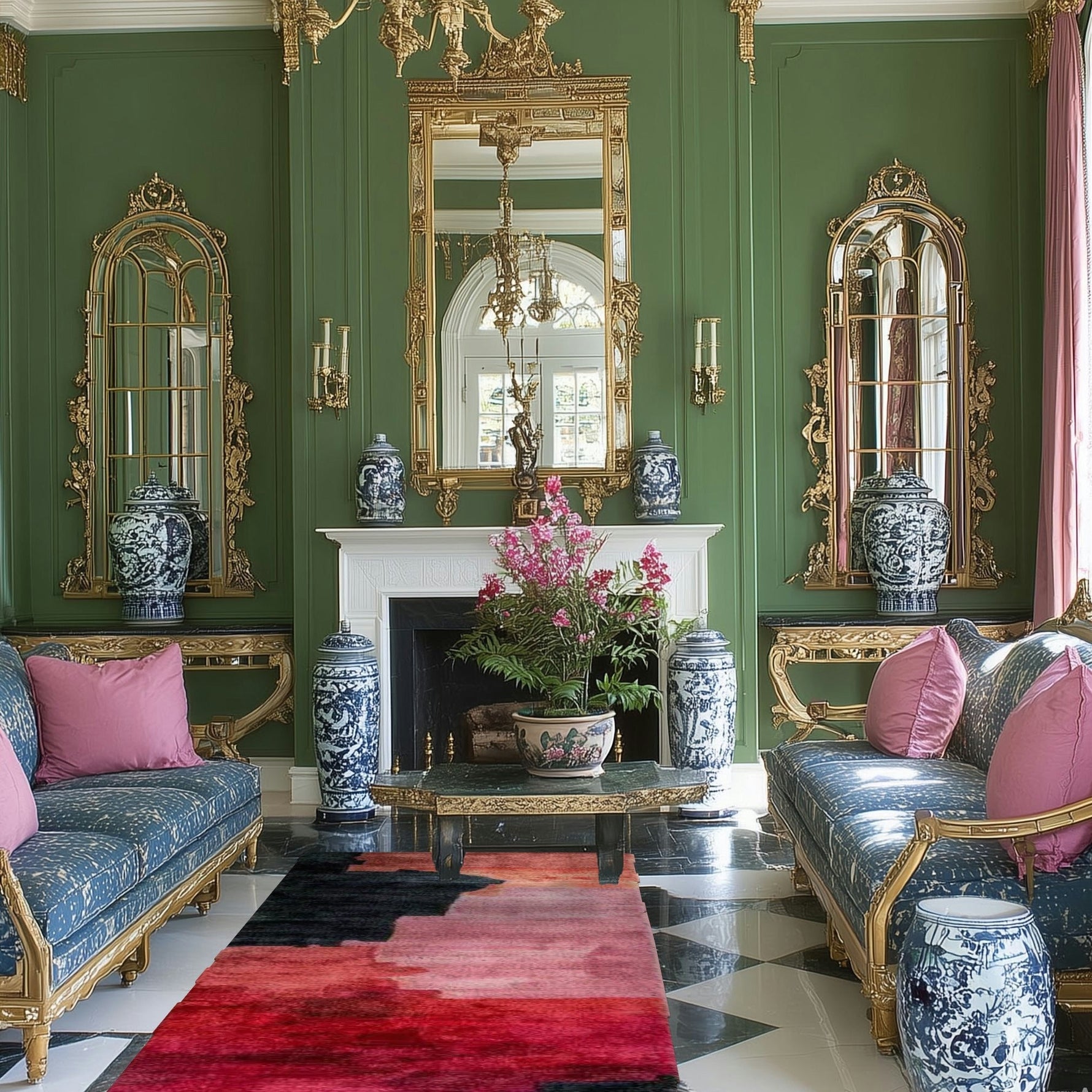 Crimson and black abstract wool runner on a checkered floor in a grand green salon with gilt mirrors and blue sofas
