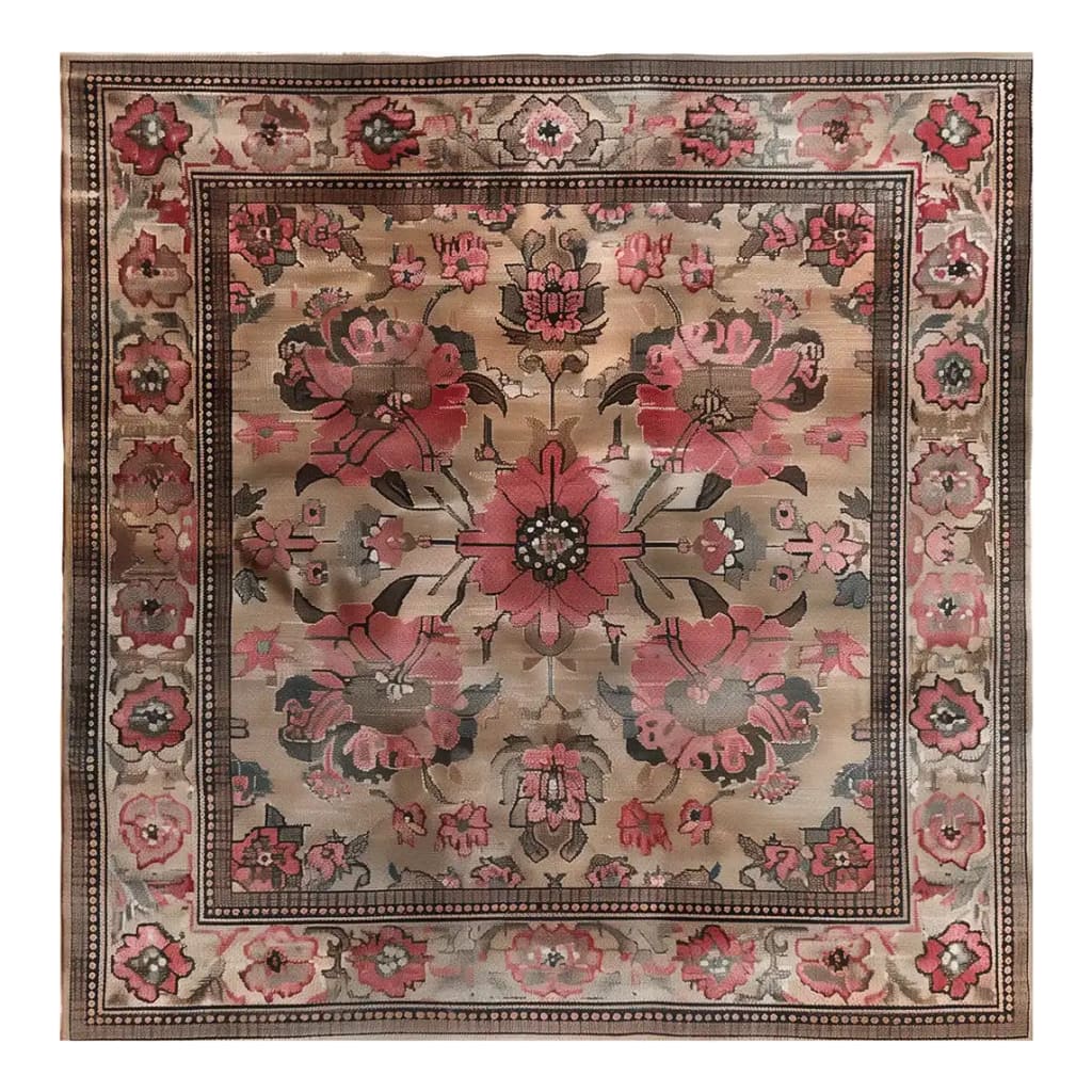 Top view of the Crimson Bloom Hand Tufted Wool Area Rug featuring an intricate floral design in shades of red, pink, and beige. The rug's elaborate border complements the central floral pattern, creating a rich and elegant look.