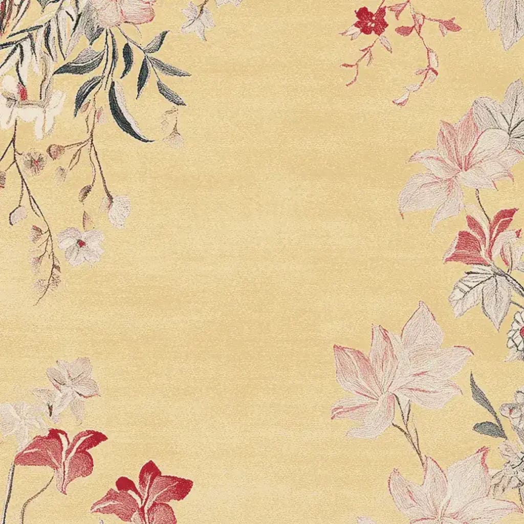Elegant Crimson Bloom Scroll Hand Tufted Area Rug featuring a detailed floral design on a soft yellow background. Perfect for adding a touch of sophistication to any living room, this wool rug is ideal for those seeking large living room rugs with a unique style.
