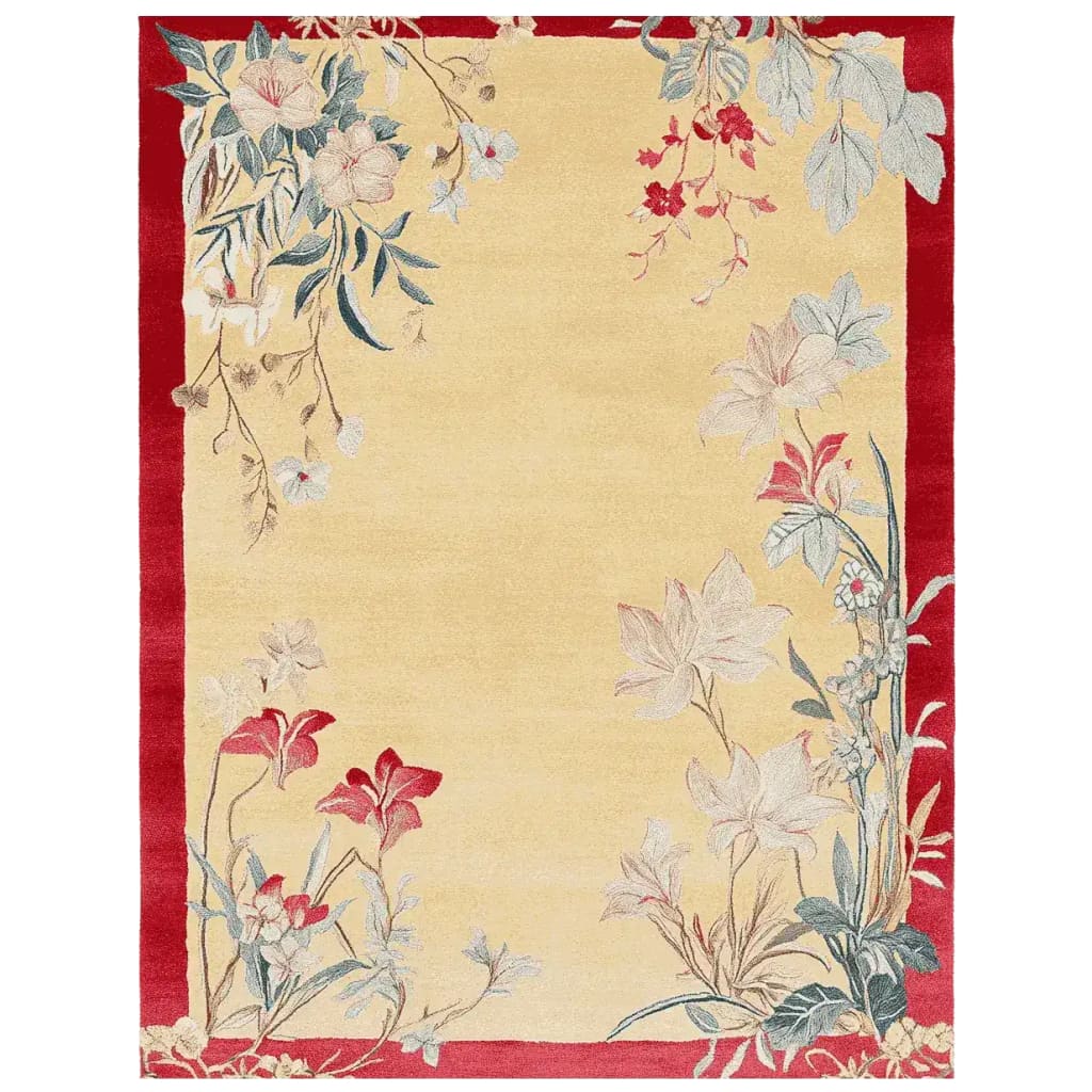 Elegant Crimson Bloom Scroll Hand Tufted Area Rug featuring a floral design with a rich red border and soft botanical patterns on a cream background. Perfect wool rug for adding a touch of sophistication to large living room spaces, enhancing any decor with its luxurious texture.