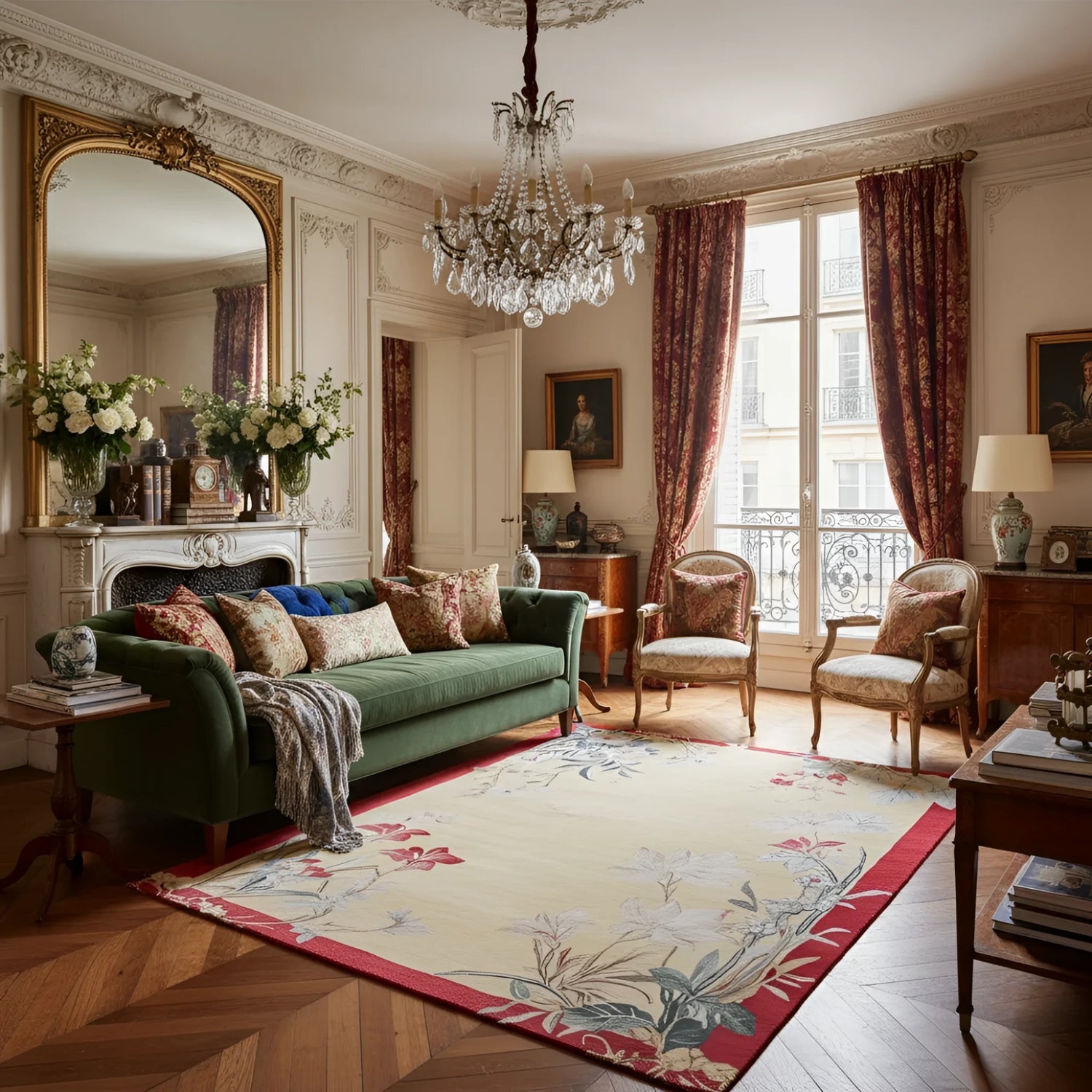 Luxurious living room with green sofa, floral rug, and ornate decor.