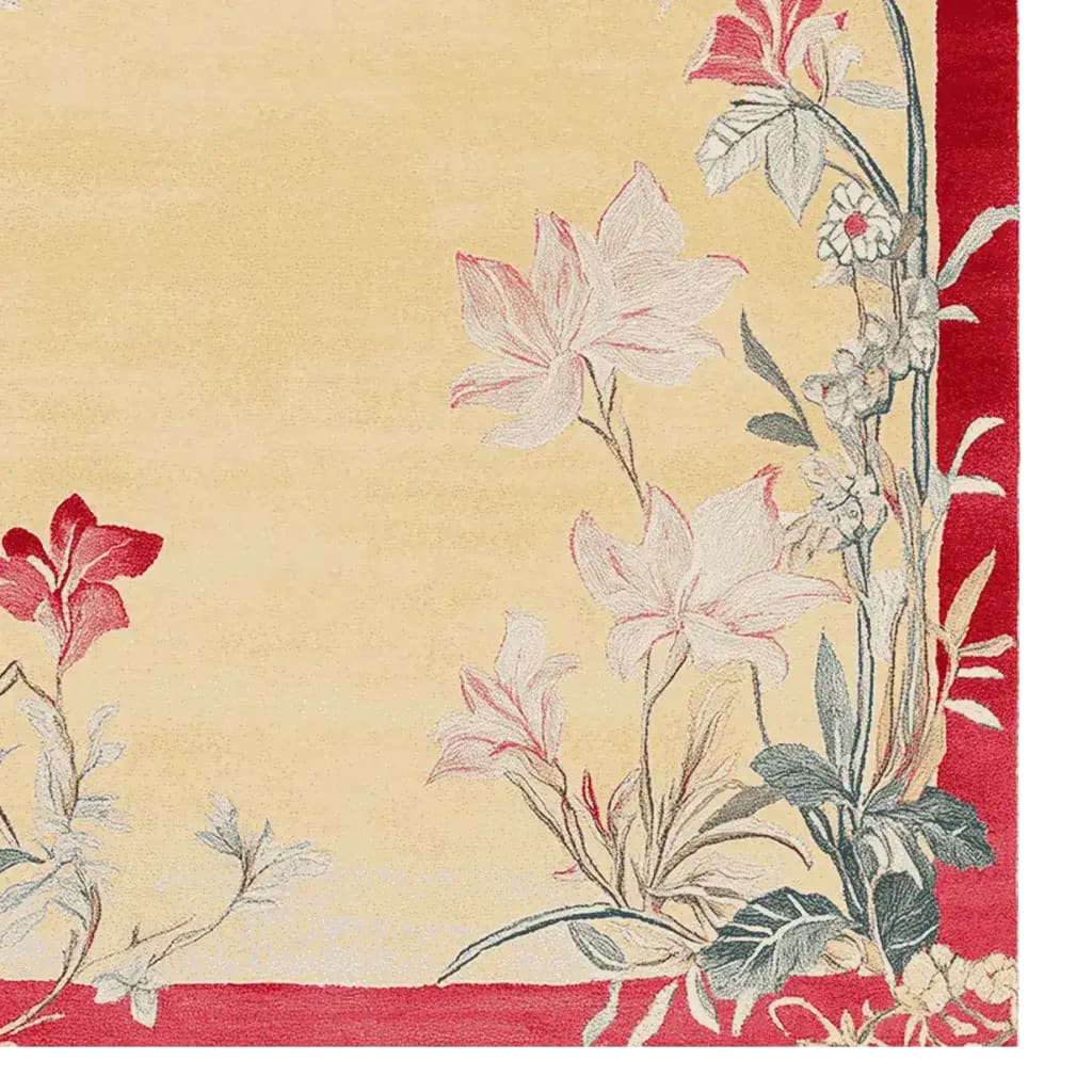 This area rug features an elegant floral design with soft red and cream tones, perfect for adding a touch of sophistication to your living room. Made from high-quality wool, this large living room rug combines durability with style.