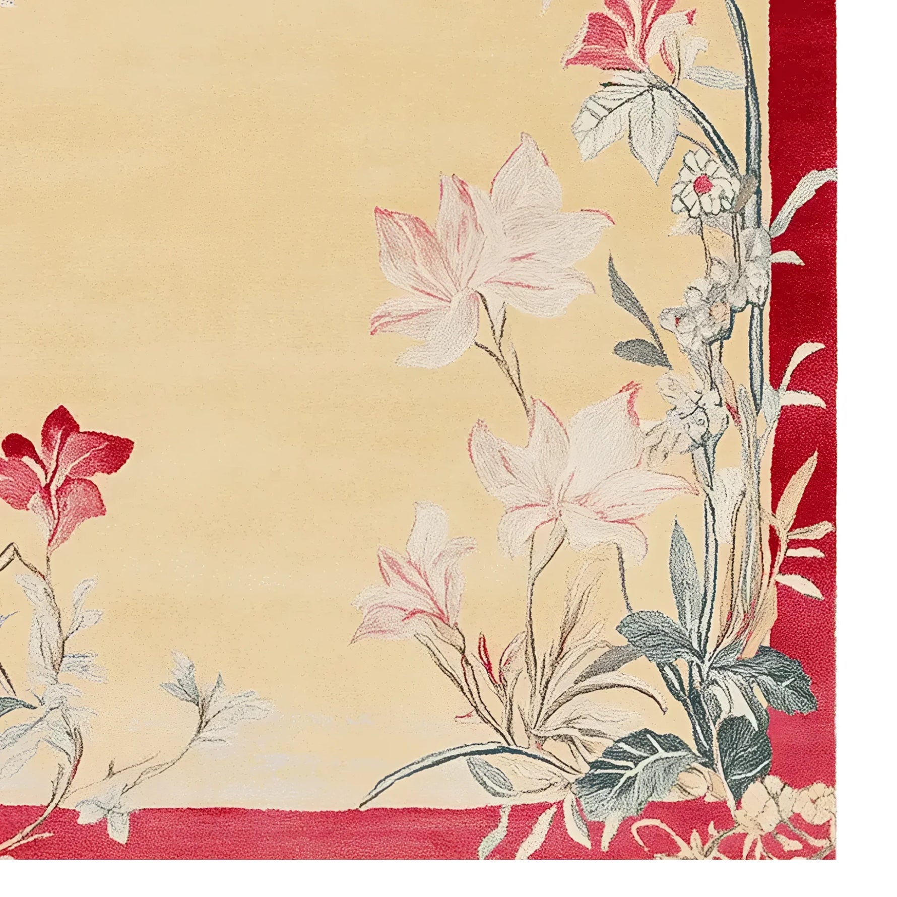 This area rug features an elegant floral design with soft red and cream tones, perfect for adding a touch of sophistication to your living room. Made from high-quality wool, this large living room rug combines durability with style.