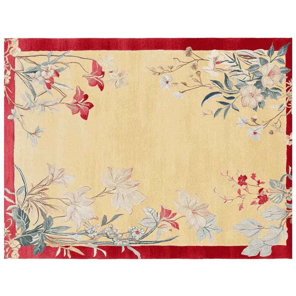 The Crimson Bloom Scroll Hand Tufted Area Rug features an elegant floral design with vibrant red and soft pastel flowers on a warm yellow background, framed by a rich red border. This wool rug is perfect for adding a touch of sophistication to large living room spaces, making it an ideal choice for those seeking stylish rugs for living rooms.