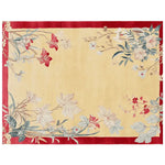 The Crimson Bloom Scroll Hand Tufted Area Rug features an elegant floral design with vibrant red and soft pastel flowers on a warm yellow background, framed by a rich red border. This wool rug is perfect for adding a touch of sophistication to large living room spaces, making it an ideal choice for those seeking stylish rugs for living rooms.