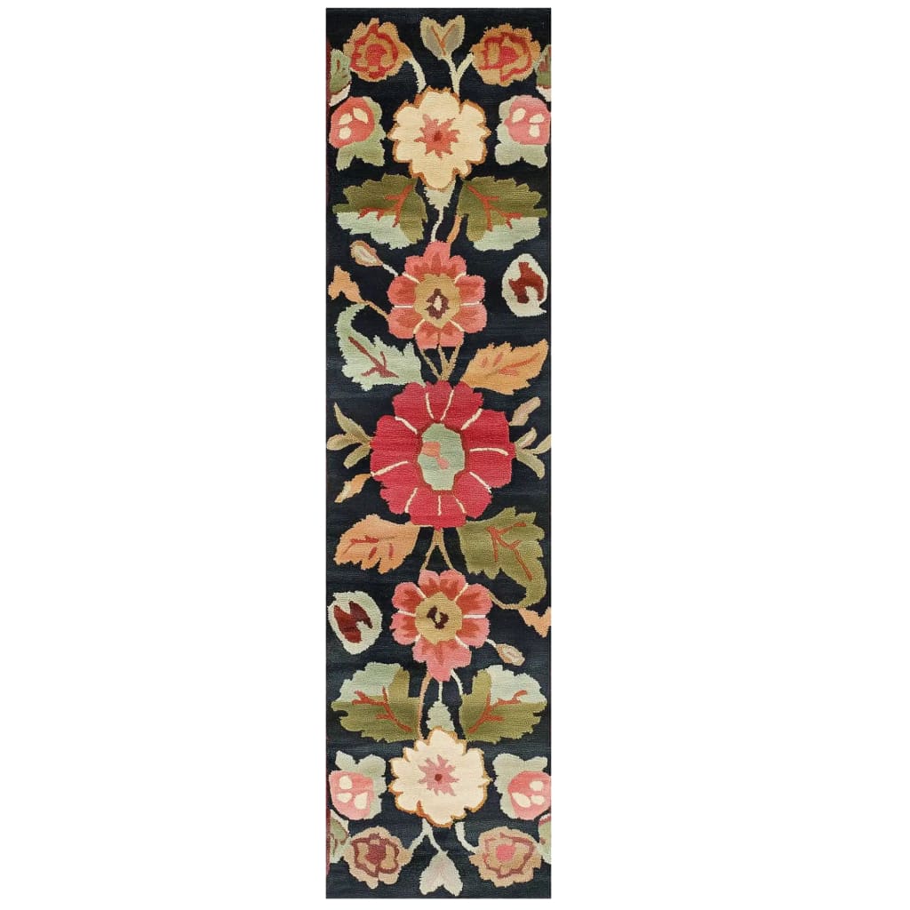 Crimson Blossom Hand Tufted Wool Rug featuring a vibrant floral design in shades of red, pink, and green on a dark background. Perfect as a runner rug for kitchens, hallways, or bathrooms, this wool rug adds elegance and warmth to any space.