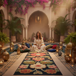Woman sitting on a colorful floral rug in a decorative courtyard with lanterns and plants.