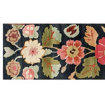 Vibrant Crimson Blossom Hand Tufted Wool Runner Rug featuring an intricate floral pattern with rich reds, pinks, and greens against a dark background. Ideal for adding a touch of elegance to kitchen rugs, kitchen runner rugs, hallway runner rug, or bathroom runner rug spaces.