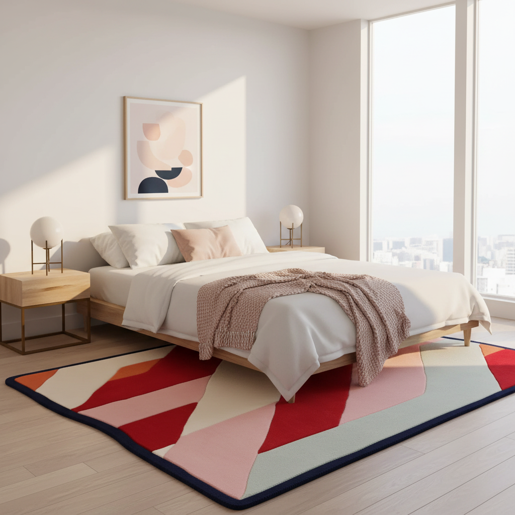 Modern bedroom with a colorful geometric rug, bed, and side tables.