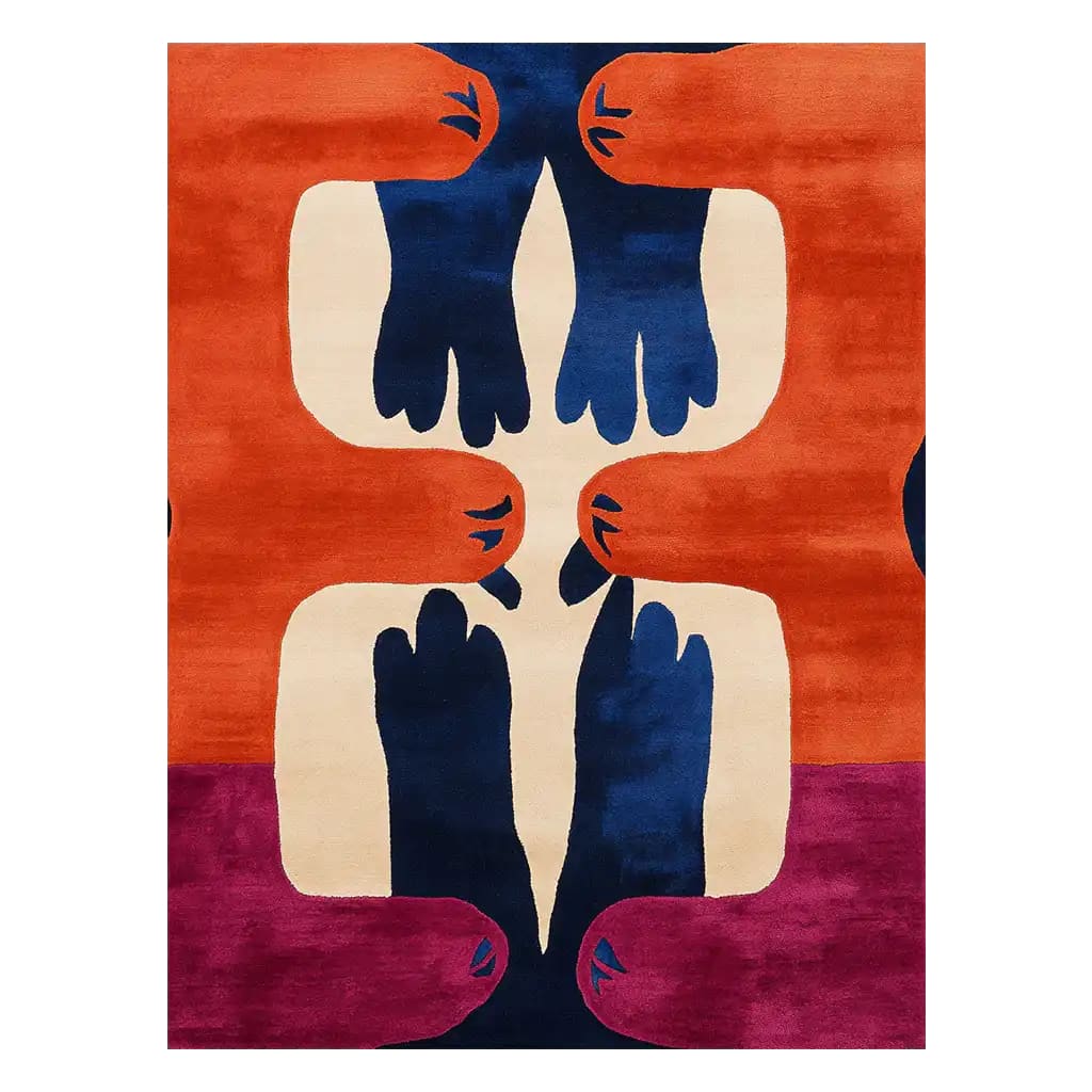 Vibrant hand tufted wool area rug featuring an abstract design with bold orange, blue, and purple hues in a unique claw pattern, perfect for adding a touch of artistic flair to any room.