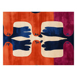 This vibrant area rug features an abstract design with bold colors including orange, blue, and purple. The hand-tufted wool rug showcases a unique pattern resembling claws or abstract shapes, adding a striking visual interest to any room.