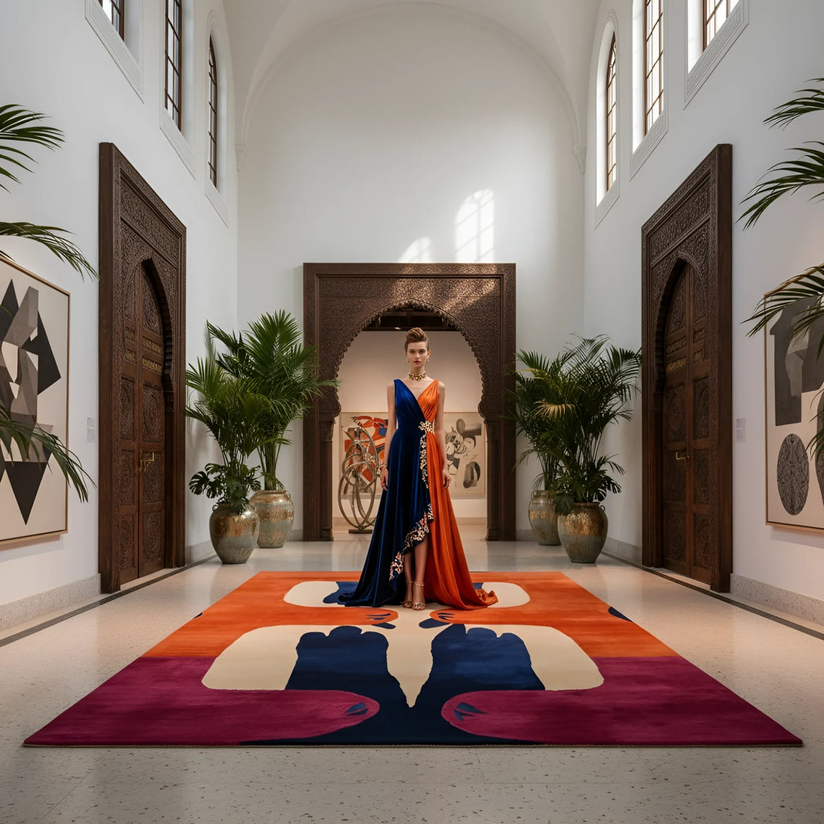 Woman in a colorful dress standing on a vibrant rug in a stylish interior setting.