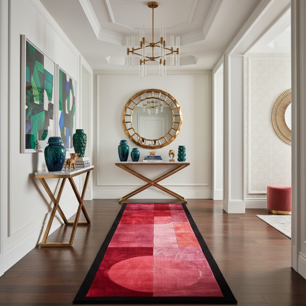 Modern hallway with a red runner rug, wooden console table, and decorative mirrors.