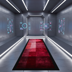 Modern interior with a red rug and digital displays on the walls.
