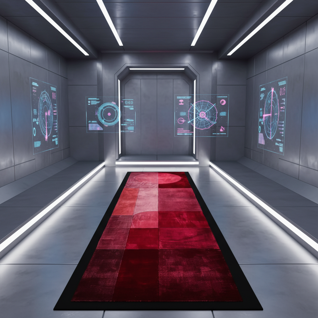 Modern interior with a red rug and digital displays on the walls.