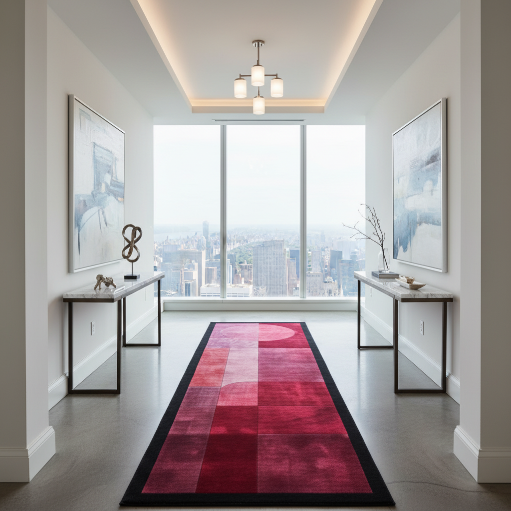 Modern hallway with a red checkered rug, white walls, and large windows.