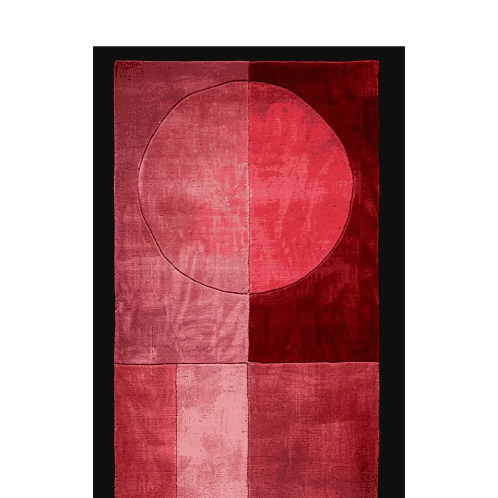 Top view of the Crimson Code Grid Hand Tufted Runner Rug showcasing an abstract geometric design in shades of red and pink. Perfect for use as a kitchen runner rug, hallway runner rug, or bathroom runner rug, this contemporary wool rug adds a modern touch to any space.