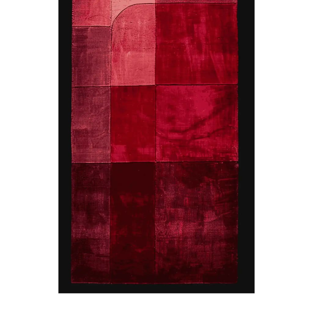 Top view of the Crimson Code Grid Hand Tufted Runner Rug, showcasing its vibrant red and crimson color blocks. This contemporary wool rug is perfect for adding a touch of elegance to kitchens, hallways, or bathrooms. Ideal as a kitchen runner rug or hallway runner rug, this stylish piece adds warmth and texture to any space.