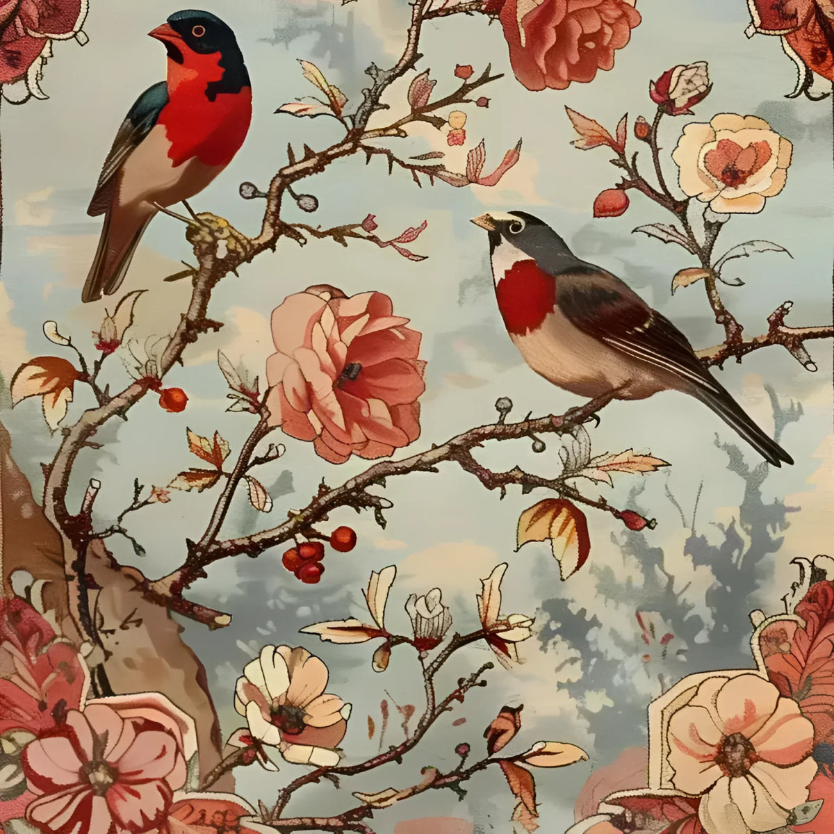 A beautifully detailed area rug featuring a vibrant floral design with birds perched on branches, perfect for adding a touch of elegance to your living room. This 8x10 Persian-style rug, known for its intricate patterns and warm tones, serves as an exquisite floral rug centerpiece, ideal for those seeking stylish rugs for living room decor.