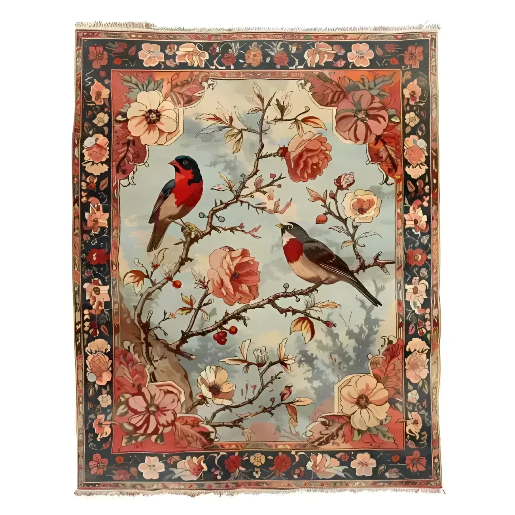 Crimson Companions Hand Knotted Area Rug featuring a beautiful design with two birds perched on blooming branches, adorned with vibrant flowers and intricate borders, showcasing exquisite craftsmanship.