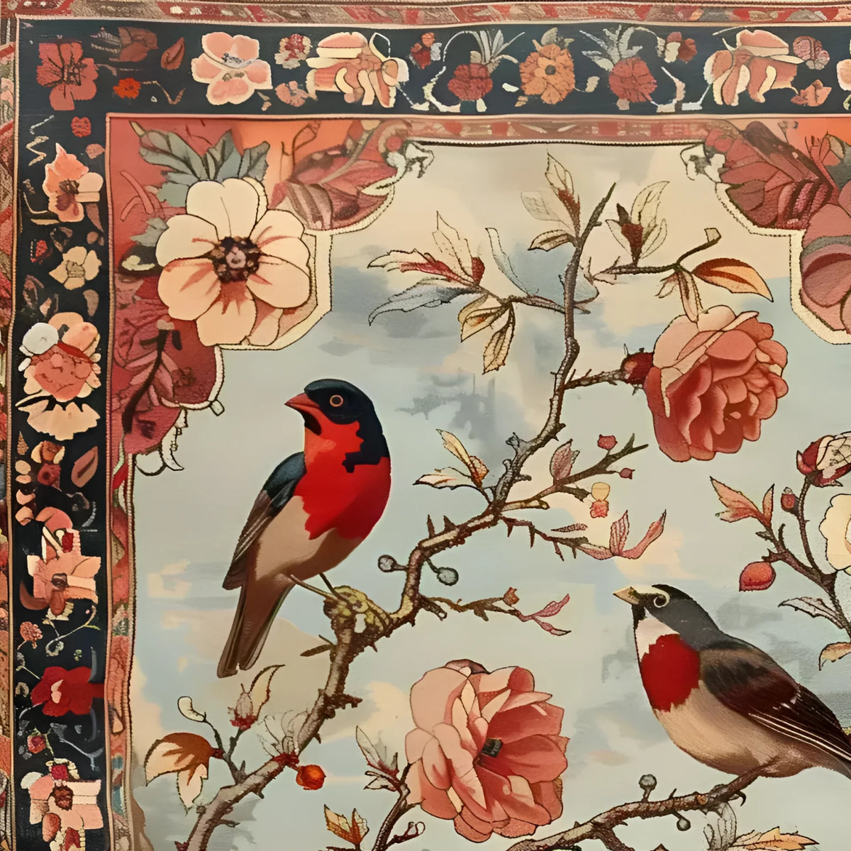 Beautifully intricate hand-knotted area rug featuring a vibrant floral design with colorful birds perched on branches. This Persian-inspired rug is perfect for enhancing the decor of living rooms. Ideal size for living room rugs 8x10, adding a touch of elegance and nature to your space.
