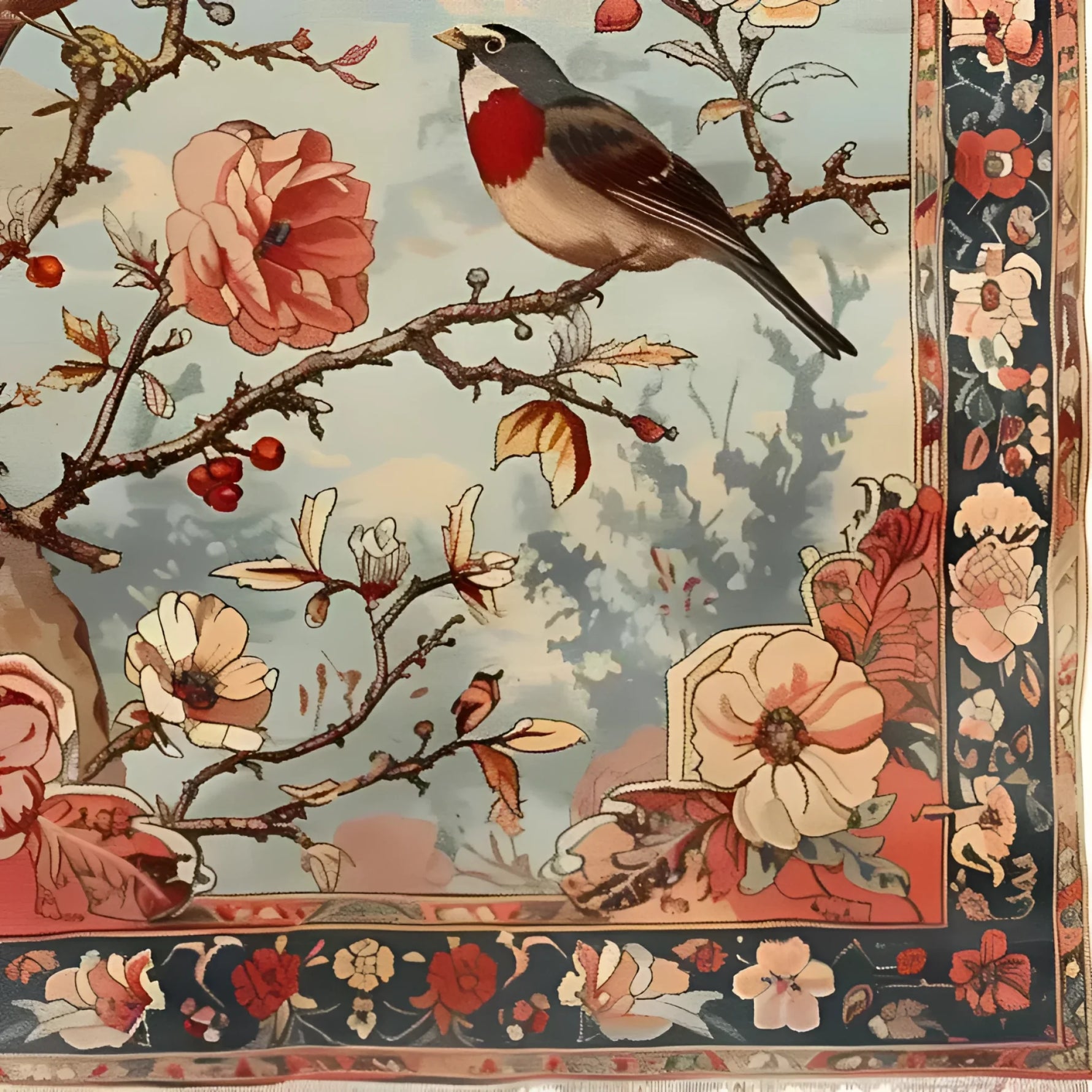 Elegant Crimson Companions Hand Knotted Area Rug featuring a vibrant floral design with a bird perched on a branch, perfect for enhancing living room decor. This Persian-style rug is ideal as an 8x10 living room rug, adding a touch of nature-inspired elegance and charm.