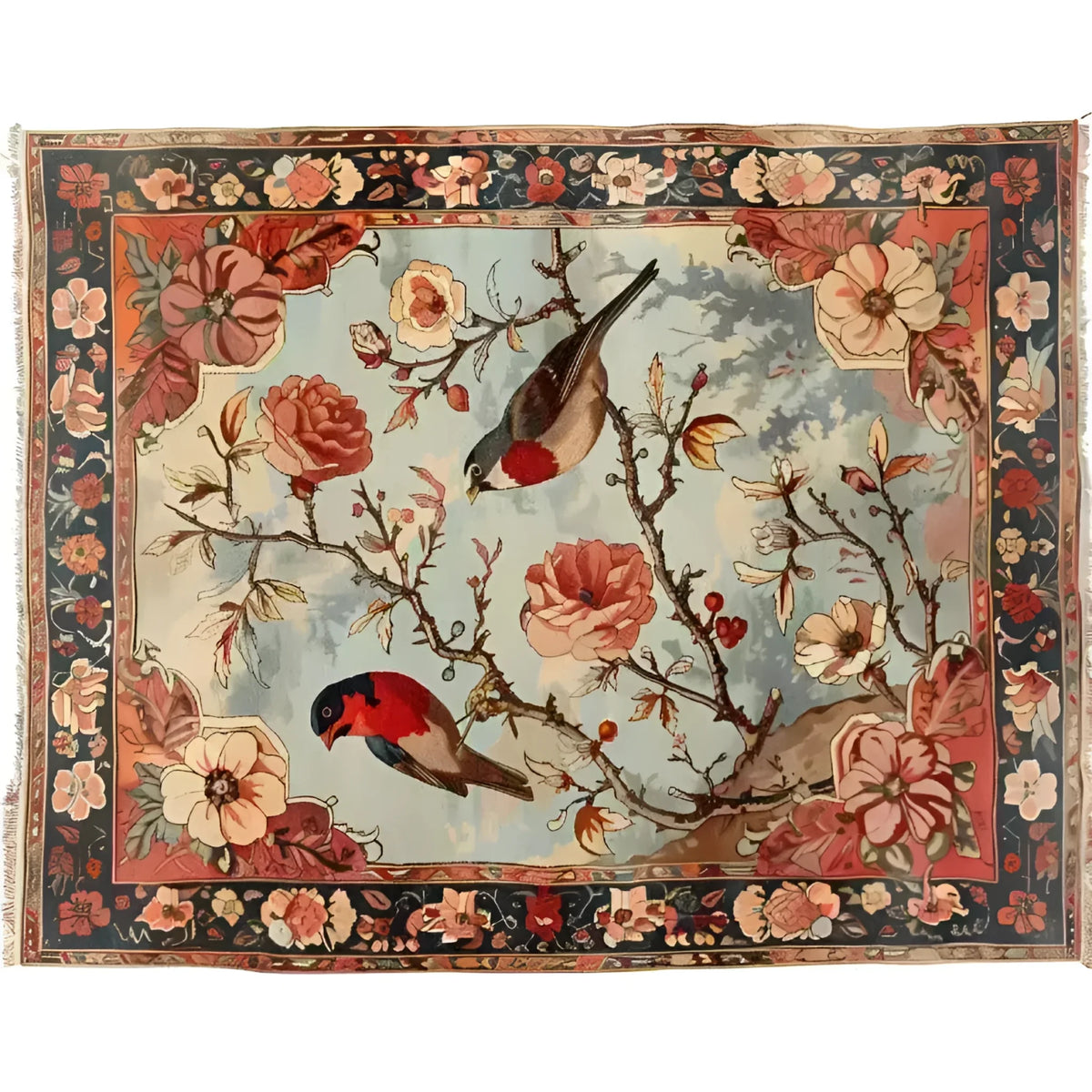 This Crimson Companions Hand Knotted Area Rug features a vibrant floral design with birds perched among blooming roses. Perfect for adding a touch of elegance to your space, this Persian-inspired rug is ideal for living rooms. Measuring 8x10, it offers a stunning blend of colors that enhance any decor.