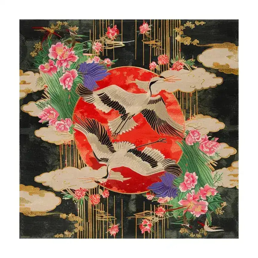 The Crimson Crane Legacy Hand Tufted Rug is a stunning area rug featuring elegant cranes, vibrant florals, and a bold red sun. Perfect for a formal dining room, this wool rug adds sophistication and warmth to any space, making it an ideal choice for large area rugs or dining room carpets.