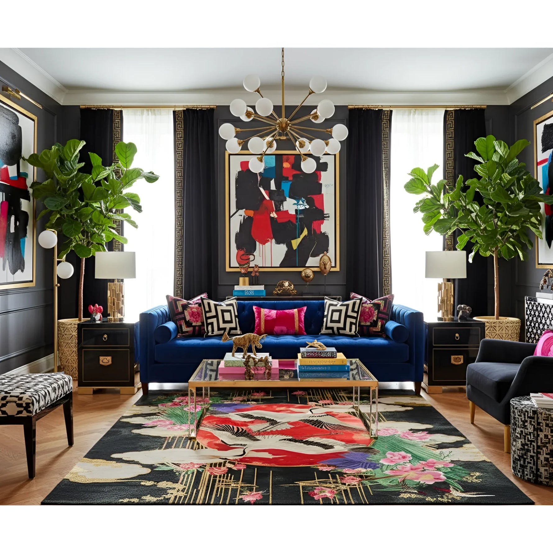 Modern living room with a blue sofa, colorful rug, and abstract art.