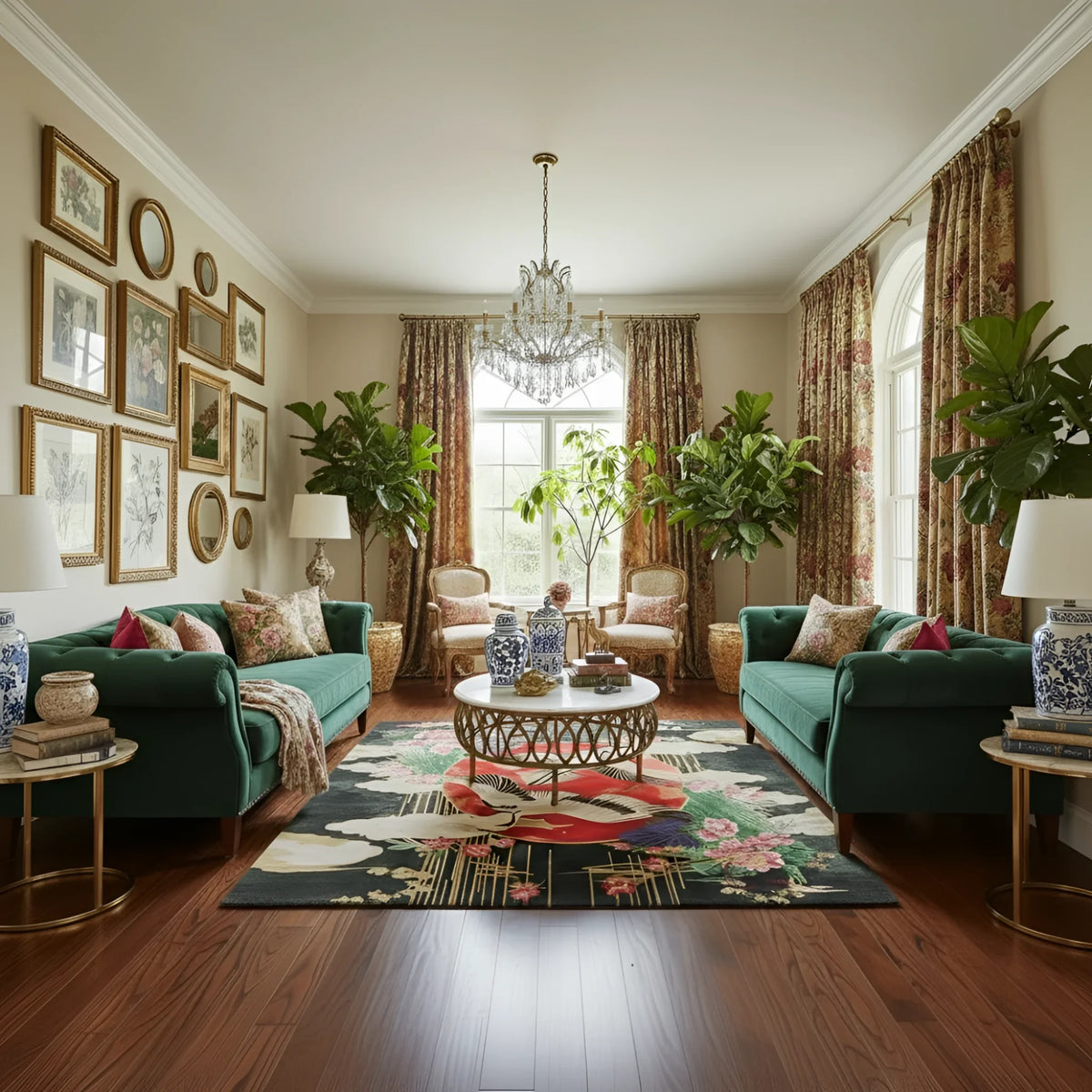 Living room with green sofas, decorative rug, and framed pictures on the wall.