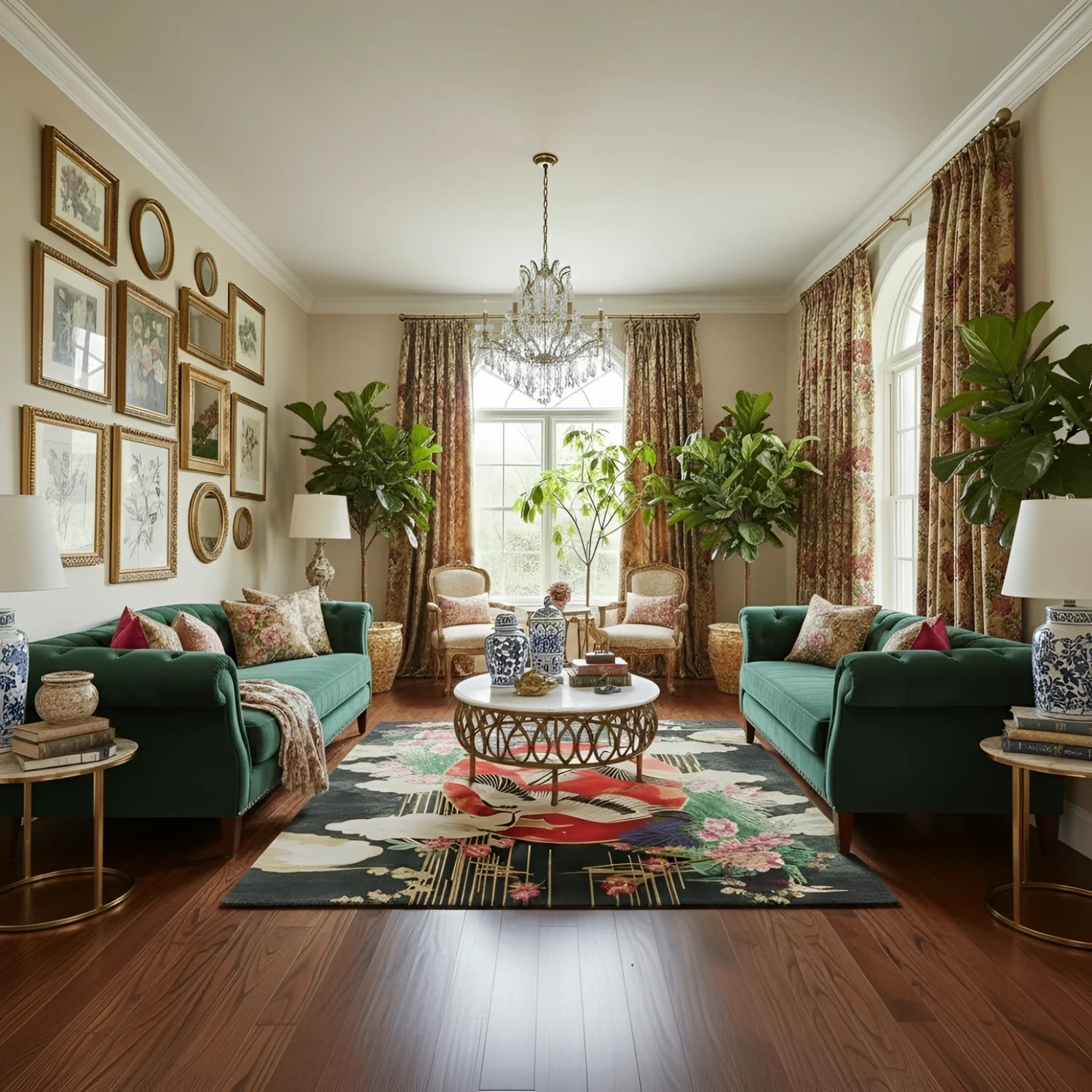 Living room with green sofas, decorative rug, and framed pictures on the wall.