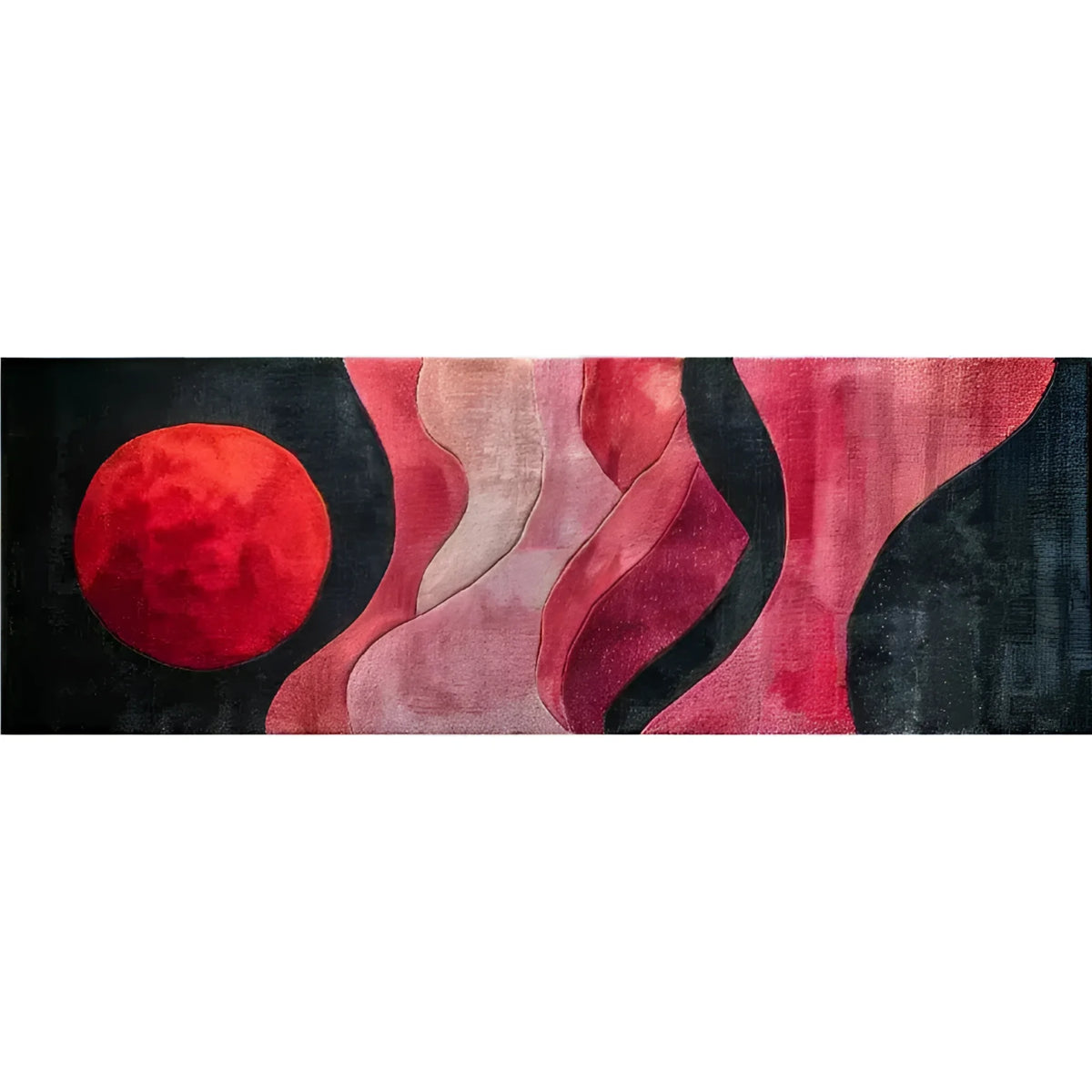 The Crimson Crescent Hand Tufted Wool Rug Runner features a bold, contemporary design with abstract red and black patterns. Perfect as a hallway runner rug, kitchen runner rug, or dining room area rug, this wool rug adds a touch of elegance to any space including your office or bathroom.