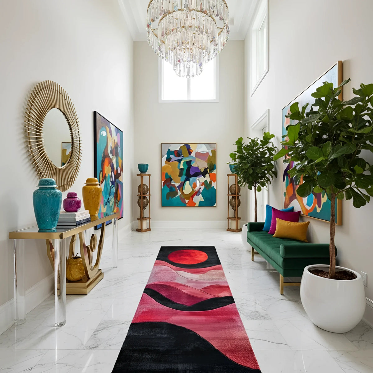 Modern living room with colorful rug runner, artwork, and a chandelier.
