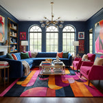 Modern living room, a colorful geometric rug, with colorful furniture and decor