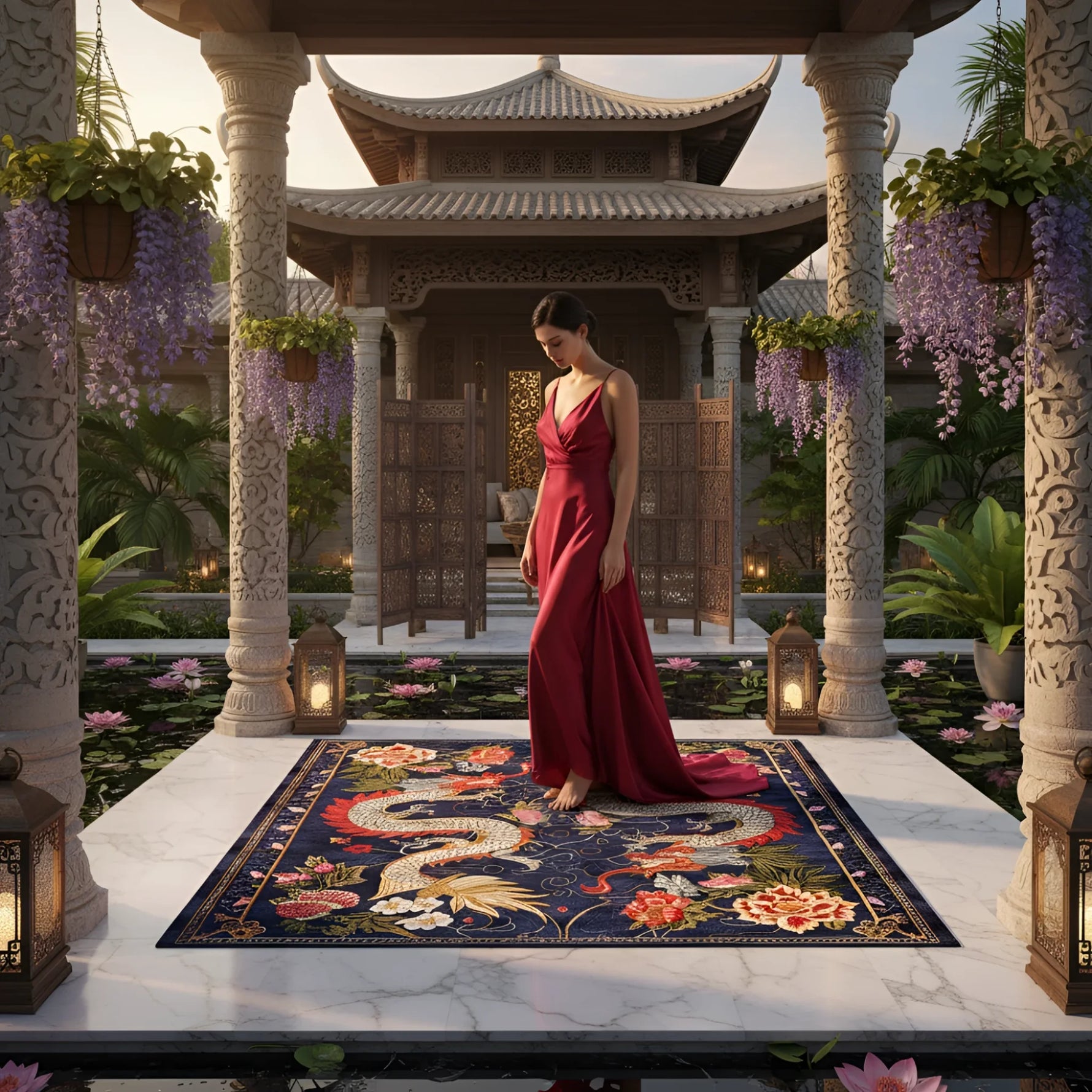 Woman in a red dress standing on a decorative rug in an elegant outdoor setting with pagoda and flowers.