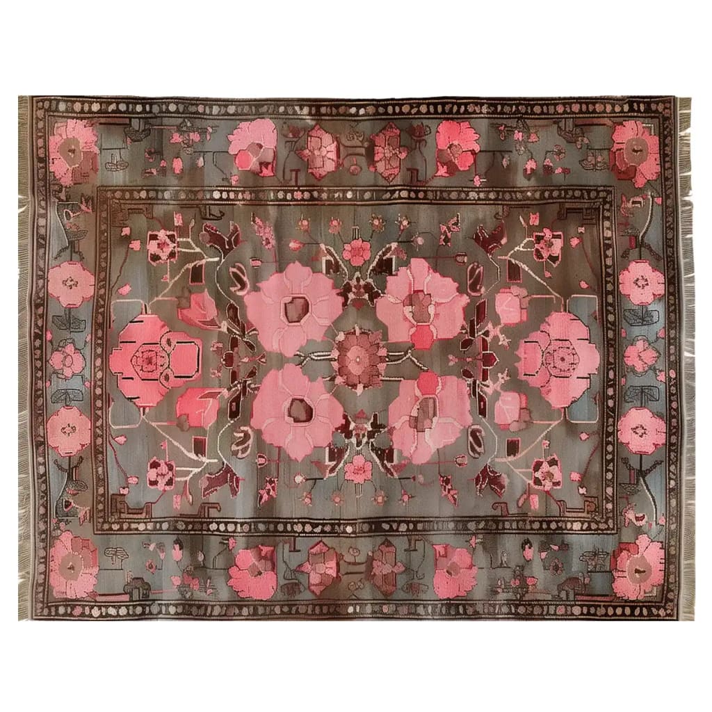 The Crimson Eclipse Knotted Wool Rug showcases a striking floral design with large pink and red blooms on a dark, elegant background. Perfect for adding a touch of nature-inspired beauty to your living room, this area rug combines style and comfort seamlessly. Ideal for those looking for a floral rug that complements their area rugs for living room collection.