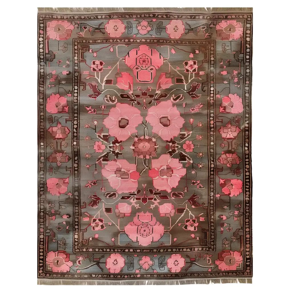 Top view of the Crimson Eclipse Knotted Wool Rug, showcasing its intricate floral patterns in shades of pink and brown, perfect for adding an elegant touch to any living space.