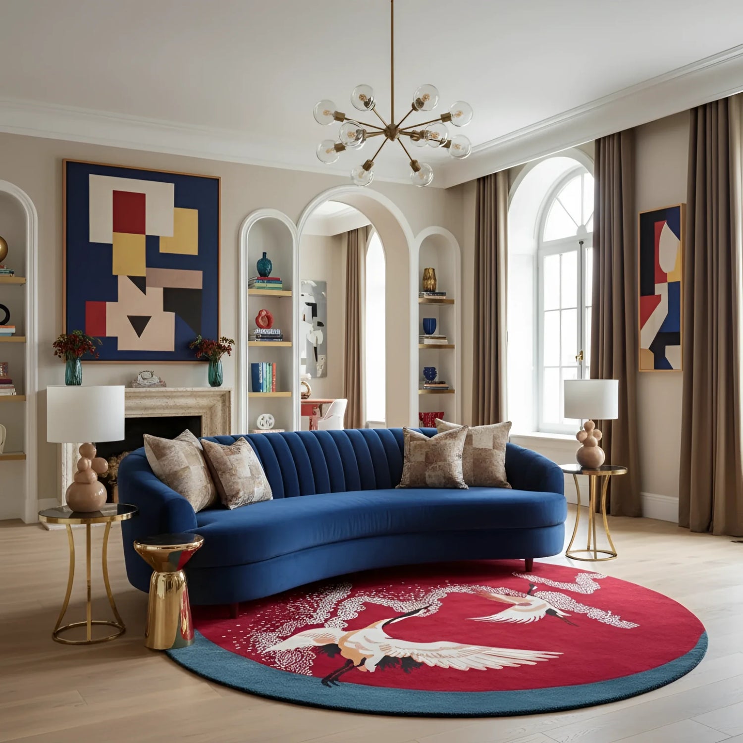 Modern living room with a blue sofa, red round crane wool rug, and abstract art.