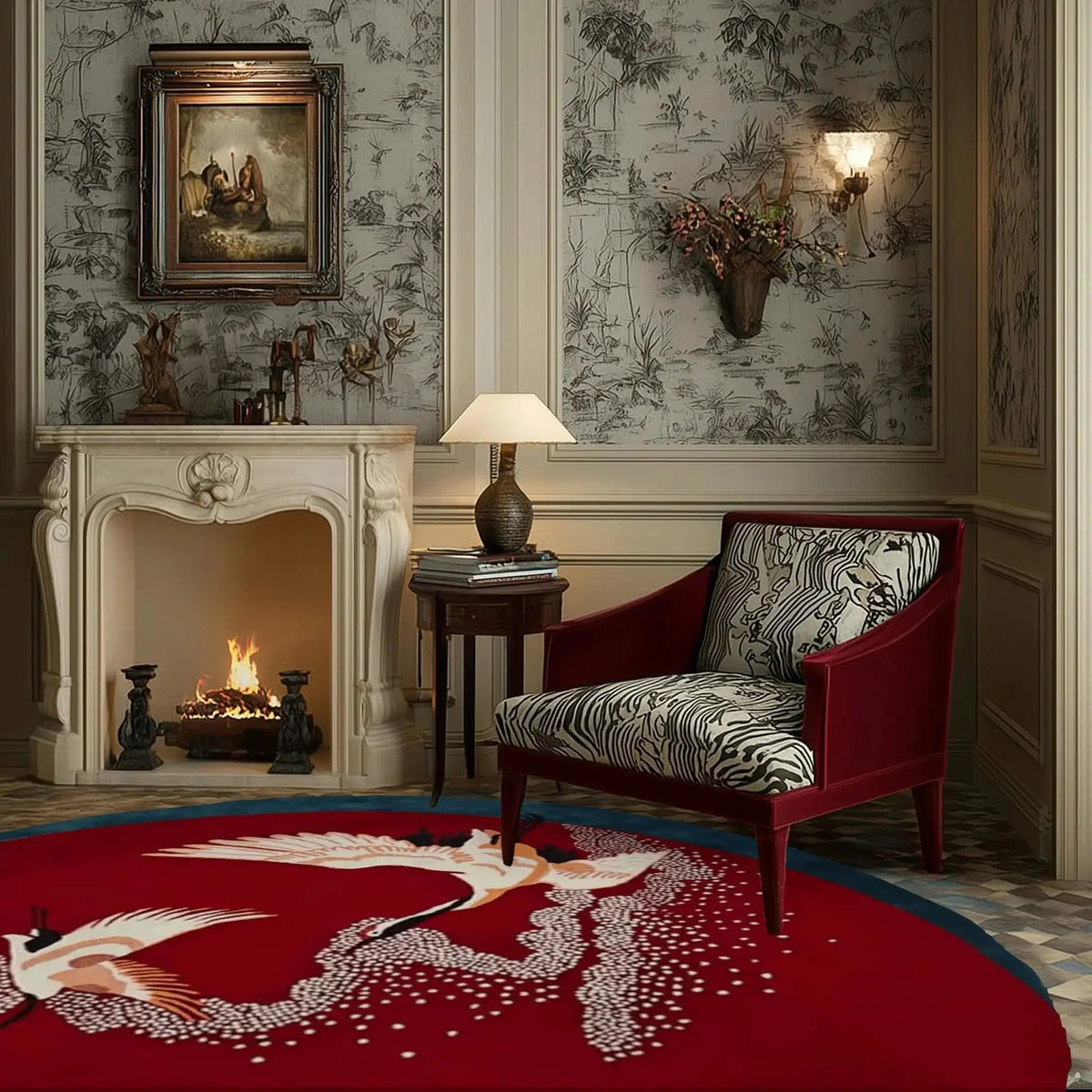 A cozy living room featuring a vibrant Crimson Flight Hand Tufted Round Rug, perfect for adding a touch of elegance to any office or living room. The area rug showcases an abstract design with graceful birds on a deep red background, complementing the classic decor with a warm fireplace and a stylish armchair, ideal for those seeking wool rugs for their living spaces.