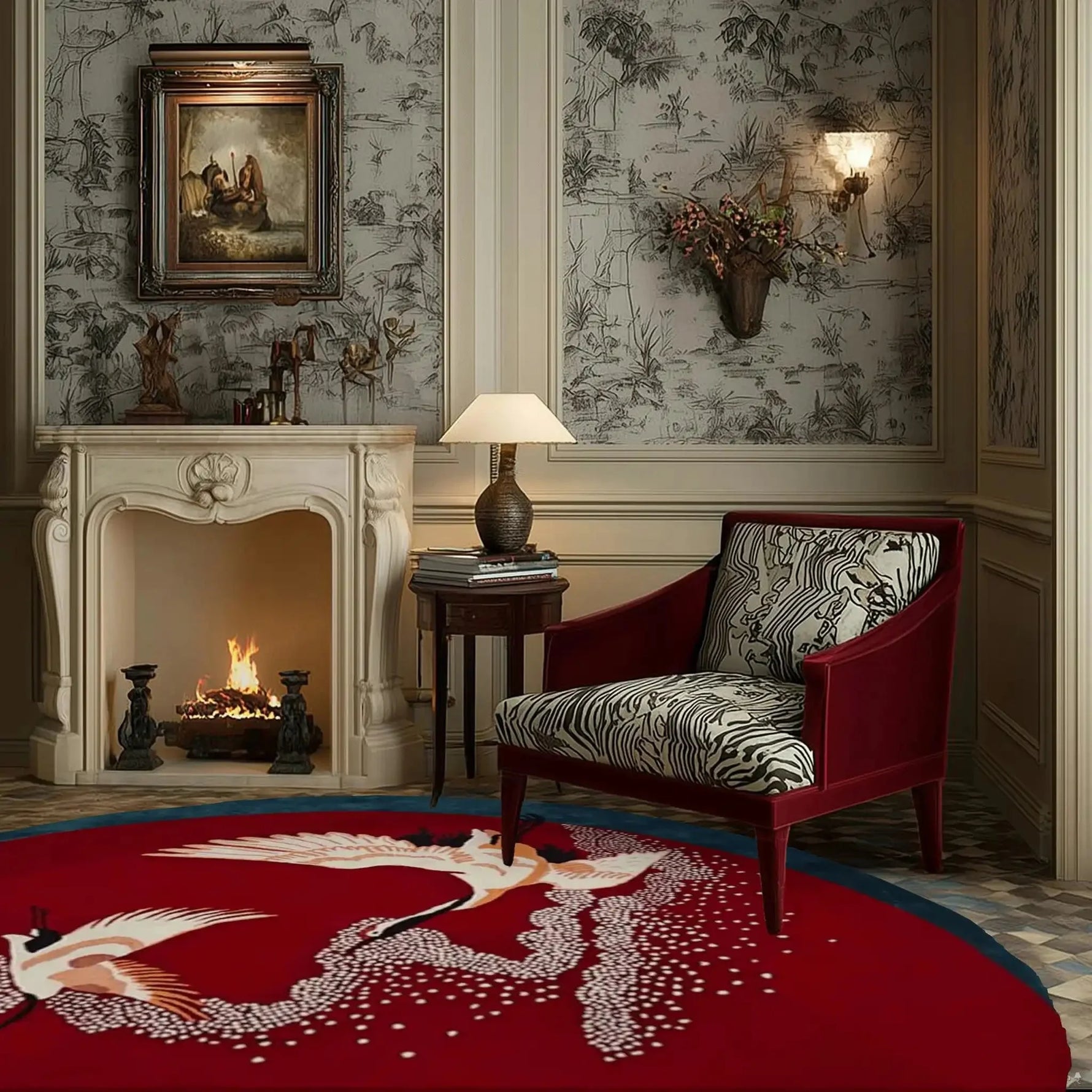 A cozy living room featuring a vibrant Crimson Flight Hand Tufted Round Rug, perfect for adding a touch of elegance to any office or living room. The area rug showcases an abstract design with graceful birds on a deep red background, complementing the classic decor with a warm fireplace and a stylish armchair, ideal for those seeking wool rugs for their living spaces.
