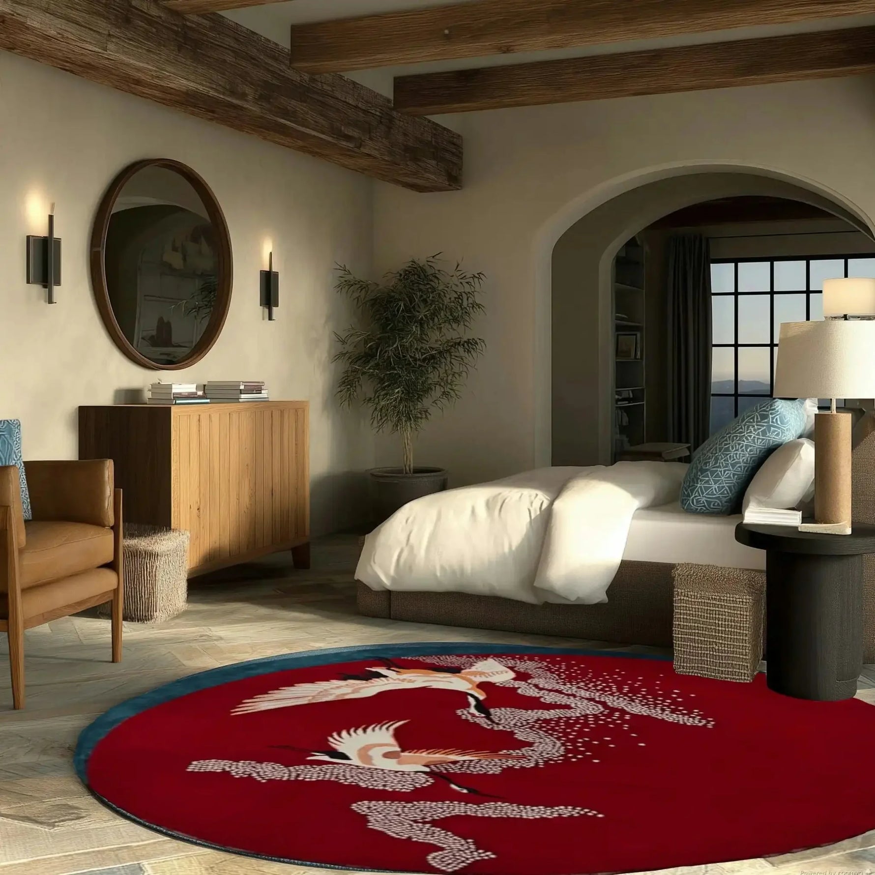 A stylish and elegant Crimson Flight Hand Tufted Round Rug displayed in a cozy living room setting. The vibrant red area rug features an abstract design, adding a touch of sophistication to the space. Perfect as a wool rug for offices or living rooms, this round rug complements the modern decor with its blend of contemporary and classic elements.