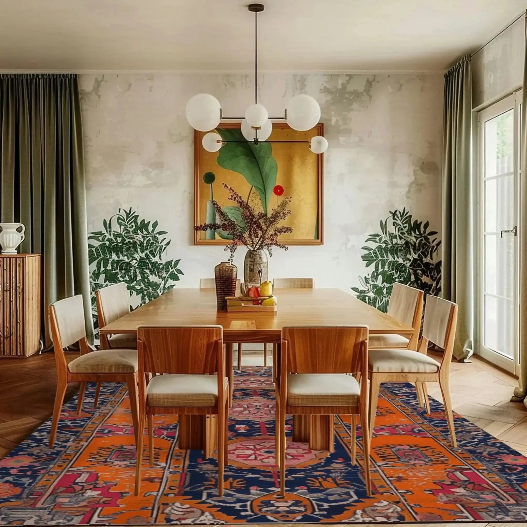 Elegant dining room featuring a Crimson Flora Hand Knotted Rug, a beautiful area rug with a vintage design. This Persian-inspired piece adds warmth and sophistication to large living room spaces, complementing the wooden dining table and modern decor.